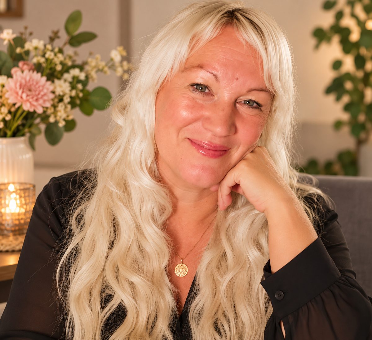 Portræt med langt blondt hår foran en rolig, neutral baggrund med blomster