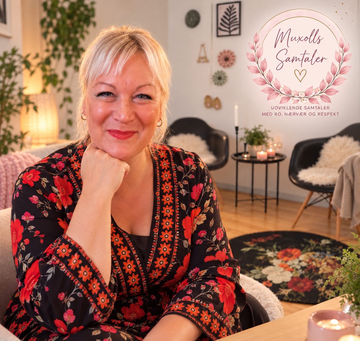 Portræt i sort kjole med røde blomster i et hyggeligt samtalerum
